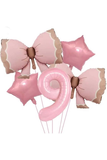 9 Year Old Pink Colored Retro Pink Bow Ballon Birthday Party Set Ornament