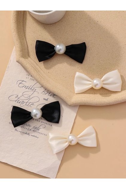 Pearl Detail Black Ecru Ribbon Buckle