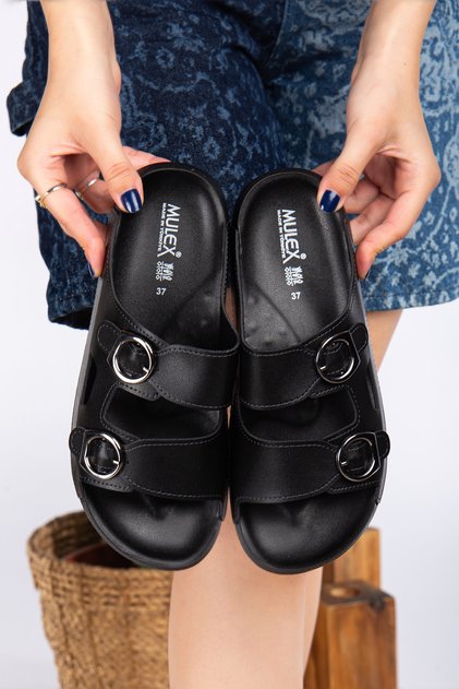 Mulex Women's Buckle, Stylish, Leather Casual Black Sandals/Slippers