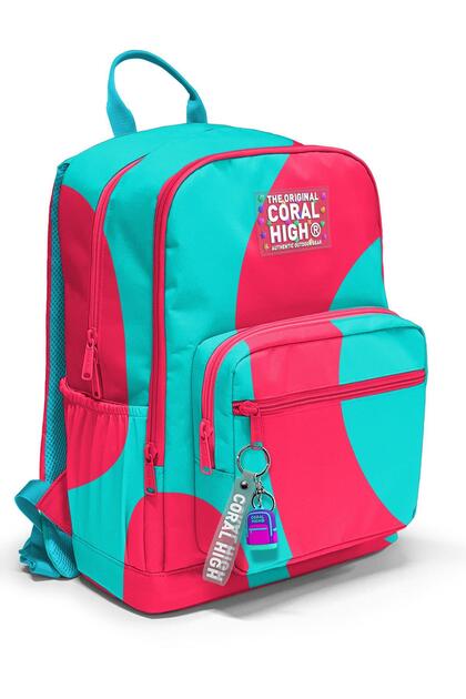 Neon Coral Turquoise Patterned School Backpack 23685