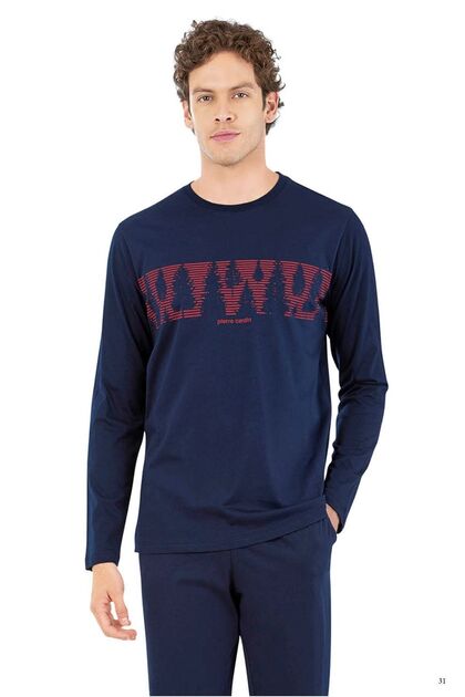 6068 Erkek Lacivert Uzun Kollu Yuvarlak Yakalı Pijama Takım