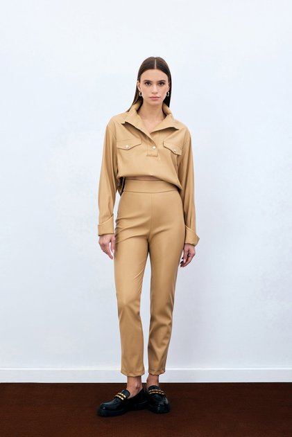 Pantaloni din piele cu talie înaltă - bej