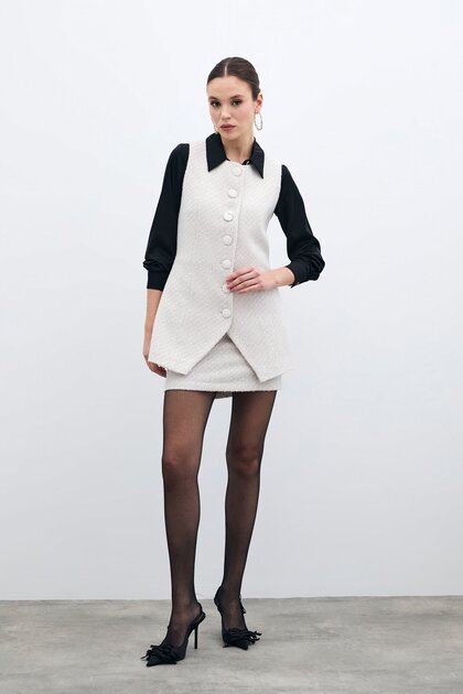 Buttoned Tweed Vest - Stone
