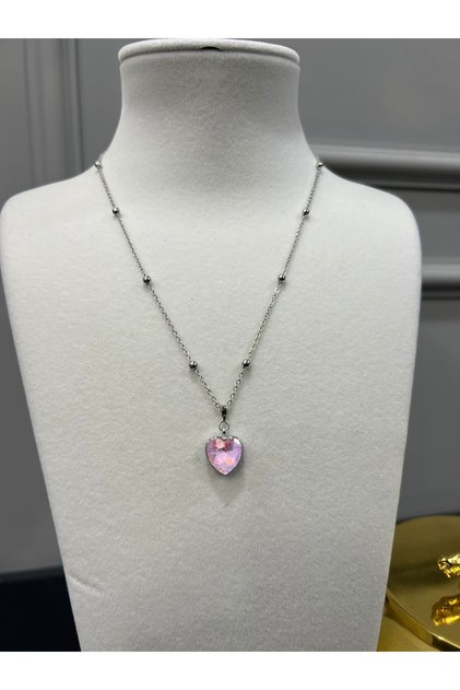 Pink Heart Steel Necklace with Ball Chain