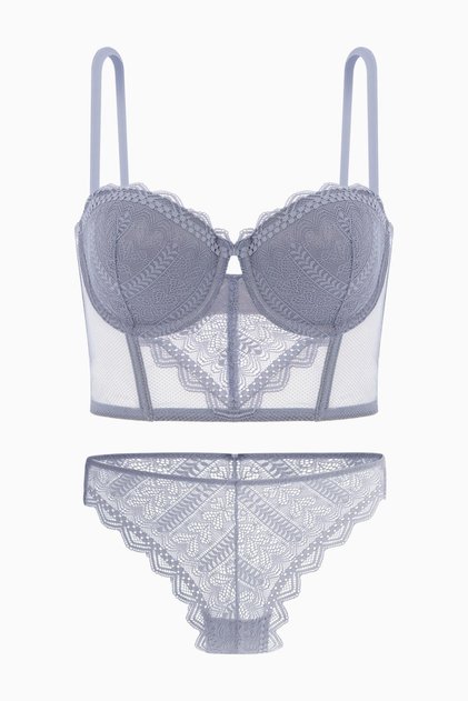 Olivia Lace Bustier Bra Panty Set - Non-Padded - Fashion - 2502 - Gray