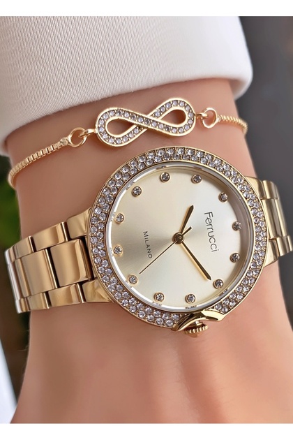 Ferruci Brand Gold Color Steel Band Women's Wrist Watch - Bracelet Gift