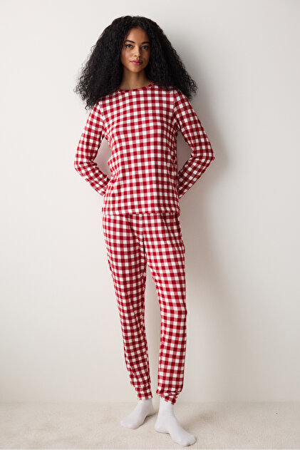 Red Gingham Thermal Red Pajama Set