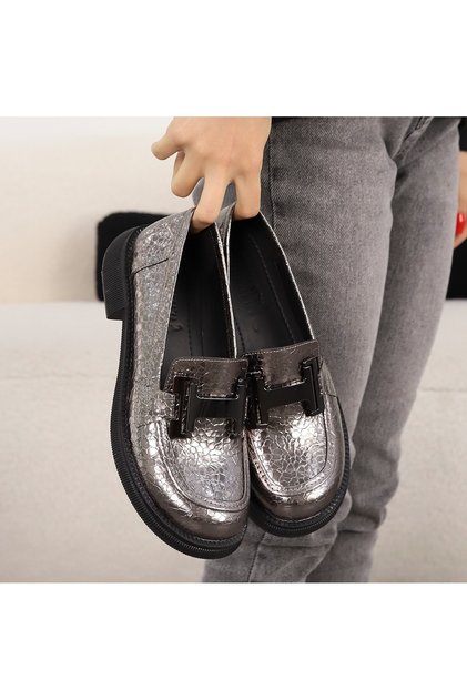 Kadın Loafer Tokalı Düz Taban Günlük Ayakkabı İNT 1004 Metalik