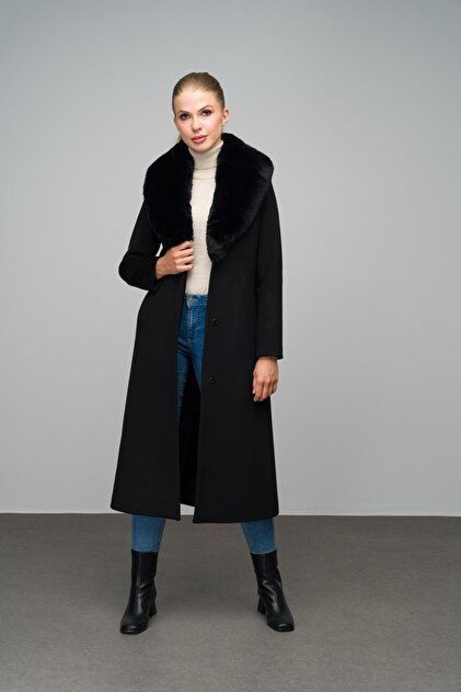Removable Fur Collar, Snap Closure, Medium Length Coat Black 3066