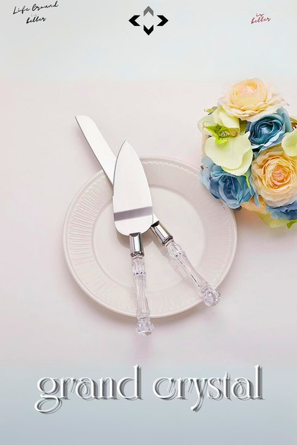 Grand Crystal Pasta Servis Seti Ikili Düğün Nişan Nikah Servis Seti Kristal Saplı Spatula Ve Bıçak