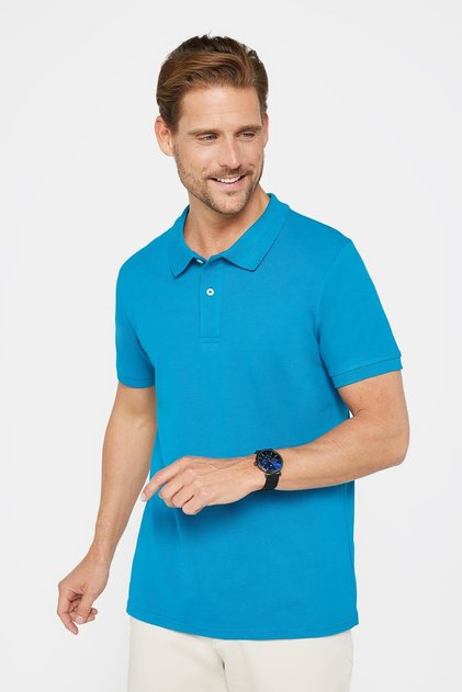 Men's Slim Fit Slim Fit 100% Cotton Plain Pique Blue Polo Collar T-Shirt