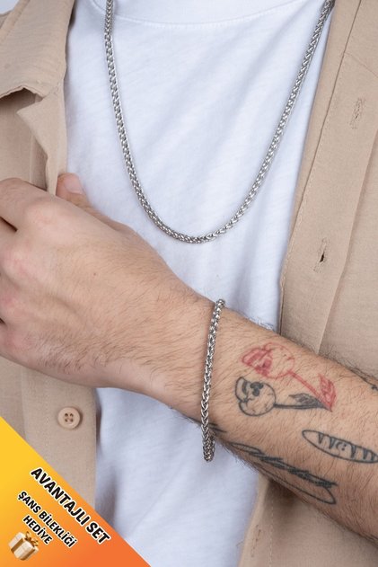 Erkek Unisex Örgü Model Zincir Kolye Bileklik Seti