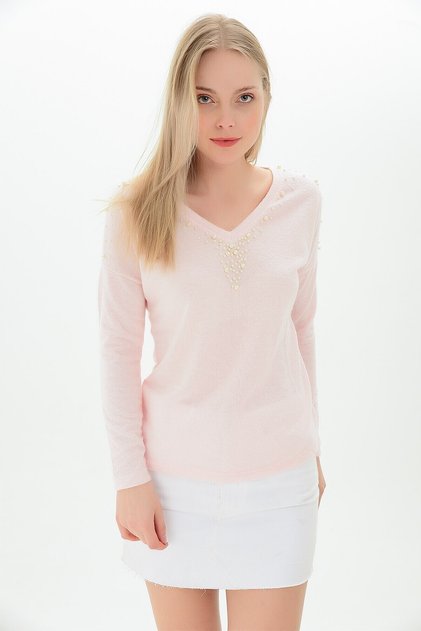 9100969 Yumoş V-Neck Bat Blouse with Pearls on the Front and Shoulders Pudra