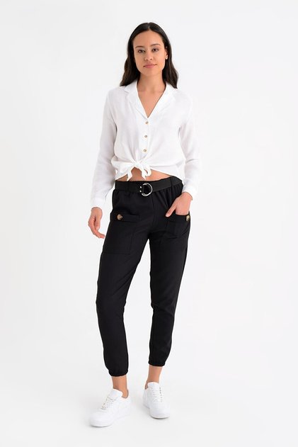 9152981 Buckle Leg Elastic Front Pocket Trousers Black