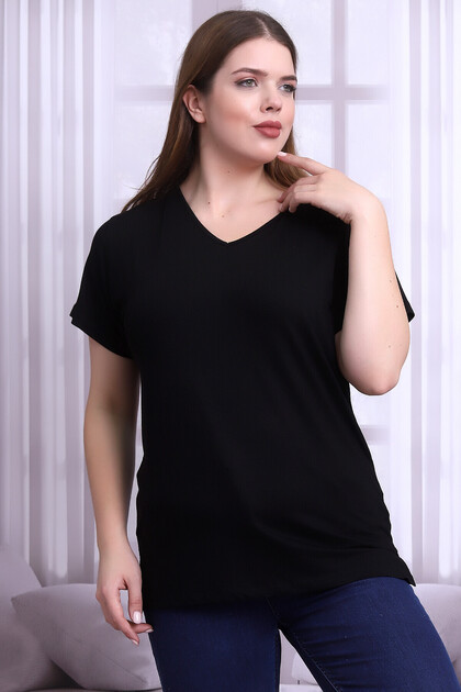 B21399902 Plus Size Viscose V-Neck Short Sleeve Blouse Black