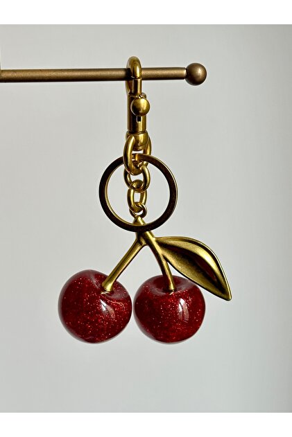YOUES JEWELRY Bordo Kiraz Anahtarlık Çanta Charmı Parlayan Simli