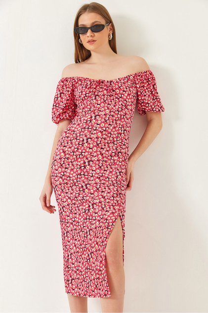 Women's Fuchsia Carmen Collar Slit Summer Knitted Dress 70292 60271034