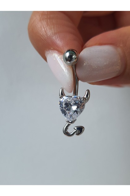 Şeytan Devil Beyaz Kalp Çelik Gümüş Renk Zirkon Göbek Piercing
