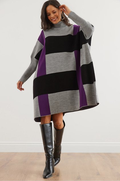 Women's Grey Purple Plaid Thick Poncho Tunic Dress Elb- 19002323