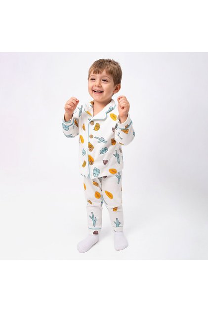 Unisex Ecru Green Orange Leaf Cactus Print Double Breasted Lapel Pajamas Set