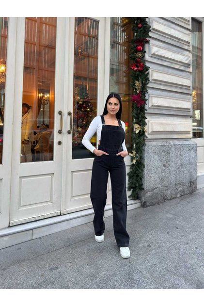 KN Bahçıvan Ön Cepli Askılı Bol Paça Kadın Denim Tulum