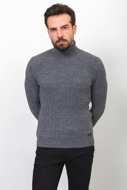 Desenli Slim Fit Tam Balıkçı Yaka Yün Erkek Kazak Koyu Gri - 11398.22K