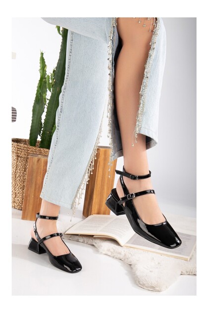 Women's Mary Janes Black Patent Leather Open-Back Square Toe Buckled Short Block Heel Shoes