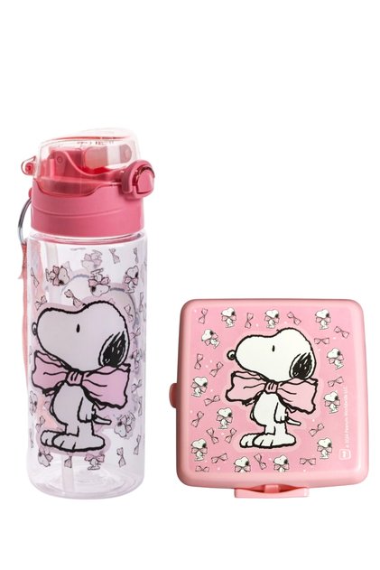 Snoopy Girl's Licensed 500ml Water Bottle and Four Compartment Feeding Bowl Set Ddcq 248851