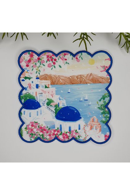 Watercolor Santorini Landscape Design Embroidered Edge Cocktail Napkin 1 Piece