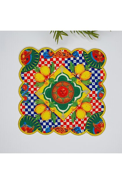 Italian Tile Lemon Design Patterned Digital Printed Embroidered Cocktail Napkin