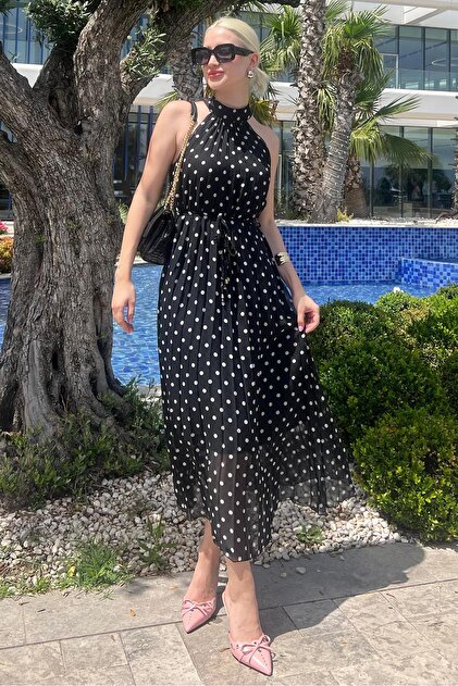 Madmext Black Polka Dot Zero Sleeve Halter Neck Dress Mg2134- Trendyol