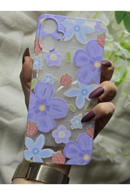 Samsung Galaxy A06 Compatible Purple Daisy Flower and Strawberry Printed Transparent Phone Case