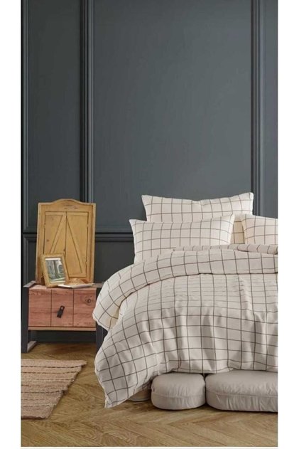 Single Cream Checked Bedding Set, 155X215 Duvet Cover + 50X70 Pillowcase
