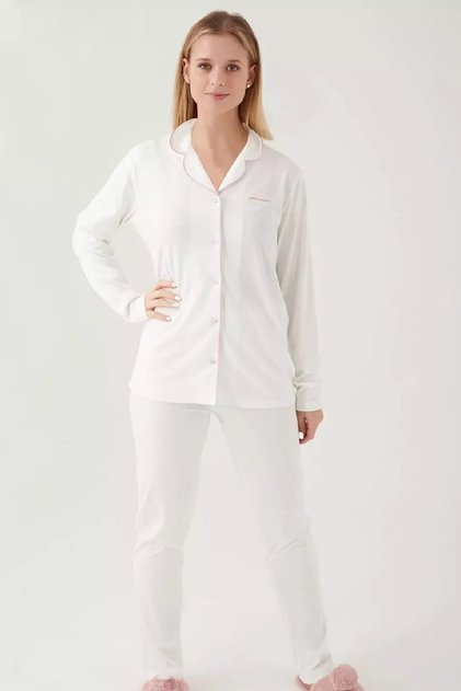 Modal & Cotton, Long Sleeve, Front Buttoned, Women's Pajama Set Ecru