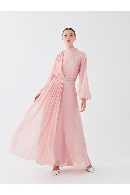 Crew Neck Stone Embroidered Long Sleeve Women's Evening Dress