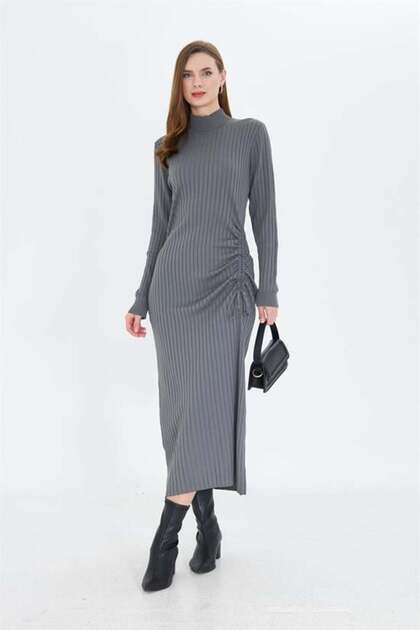 Side Drawstring Half Turtleneck Standard Size Ribbed Look Fit Cut Long Dress