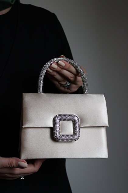 Women's Cream Satin Evening Bag - Crystal Buckle - Chain Long Strap