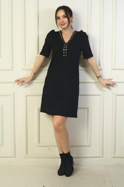 Women's Lapel Detailed Short Watermelon Sleeves Short Dress