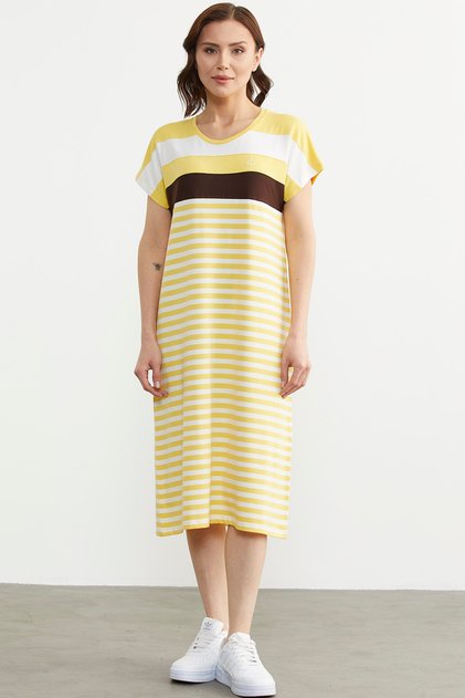 Zero Neck Midi Length Marine Dress - Yellow