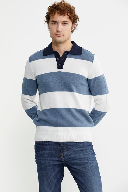 Striped Polo Collar Wool Knit Sweater - Blue