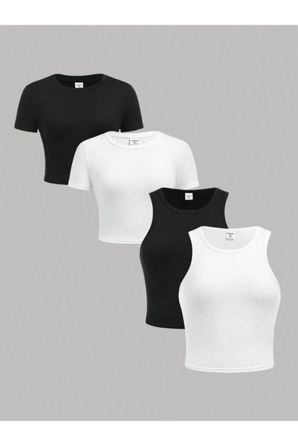 Women's 4-Piece Ribbed Crew Neck Knitted T-Shirt-Tank Top Set Crop Blouse