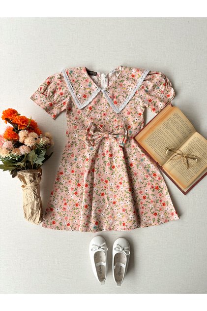 Kız Çocuk Vintage Büyük Yakalı Pudra Çiçekli Poplin Elbise
