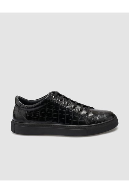 100% Genuine Leather Black Crocodile Men's Sneakers