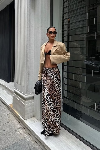 Leopar Desenli Maxi Saten Etek