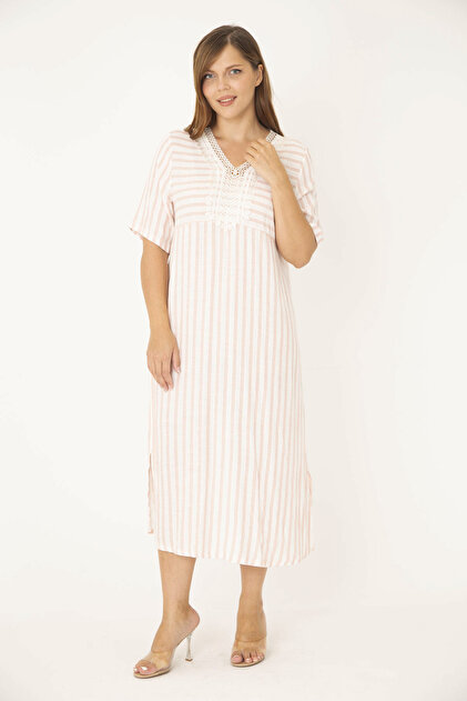 chinese dress ladies Beige Lace Trim Printed Mesh High Neck Midi Dress
