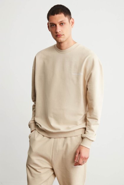 Rakrok Men's Fleece Lined Comfort Beige Oversize Embroidered Beige Sweatshirt
