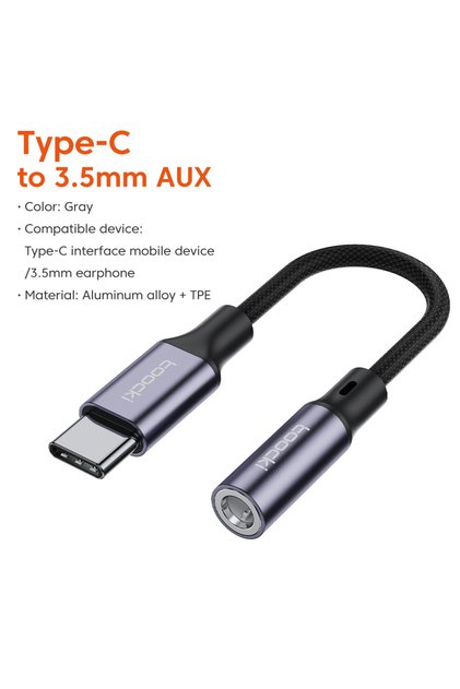 كابل صوتي من نوع سي إلى 3.5 ملم من توكي باللون الرمادي، محول سماعات الرأس، كابل USB-C إلى جاك صوتي 3.5 ملم