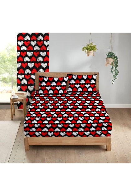 Heart Patterned Printed 160X200 cm Double Fitted Sheet Set