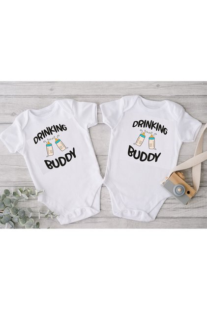 Twin Baby Drinking Buddy Design Baby Bodysuit (Piece of 2)