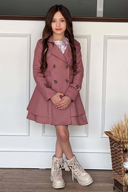 Girls Floral Print Pleated Dusty Rose Trench Coat Dress